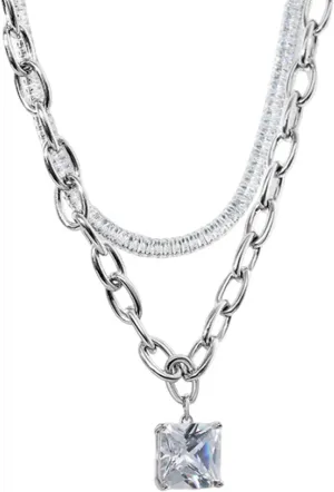 Silver Pendant Necklace, Silver Plated Fashion Necklaces for Women 2 Layered Chain White Cubic Zirconia Pendant Necklaces 39 5cm