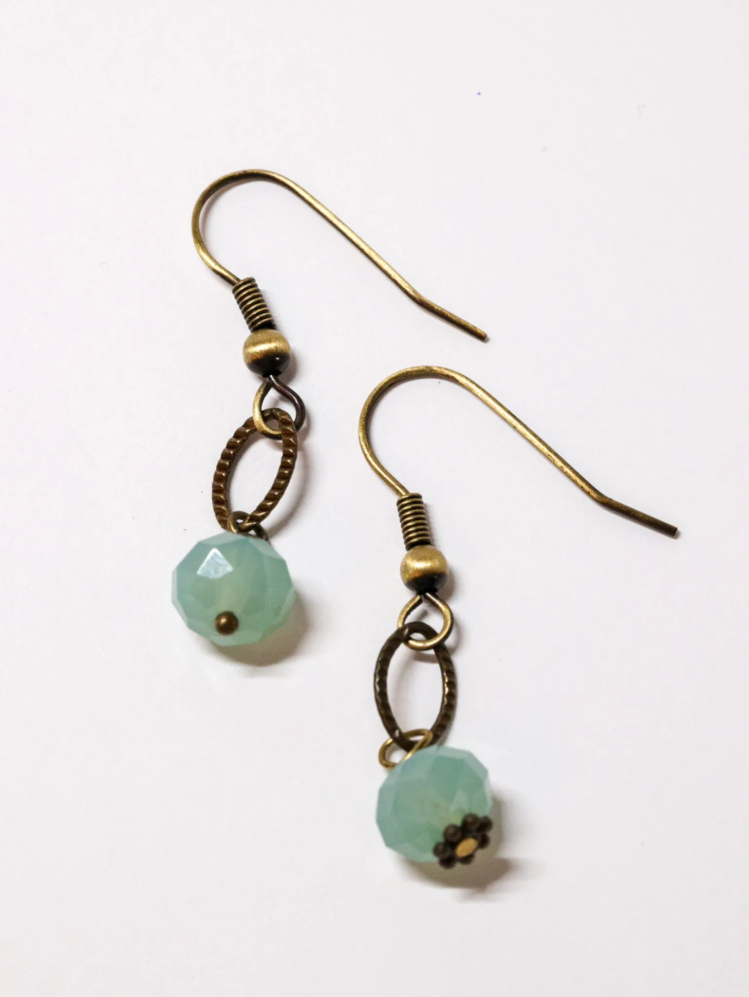 Simple aqua color drop earrings on brass