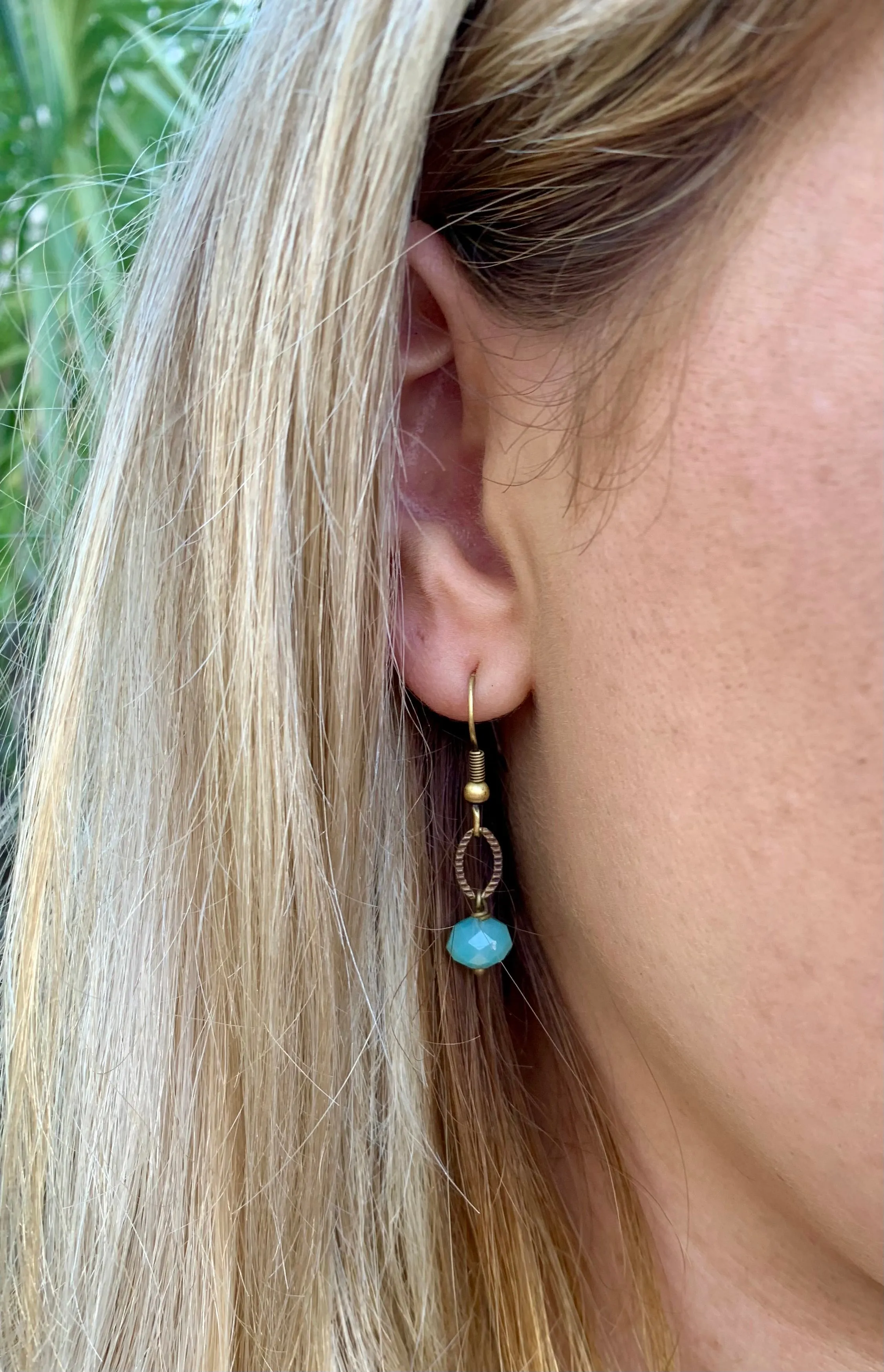 Simple aqua color drop earrings on brass