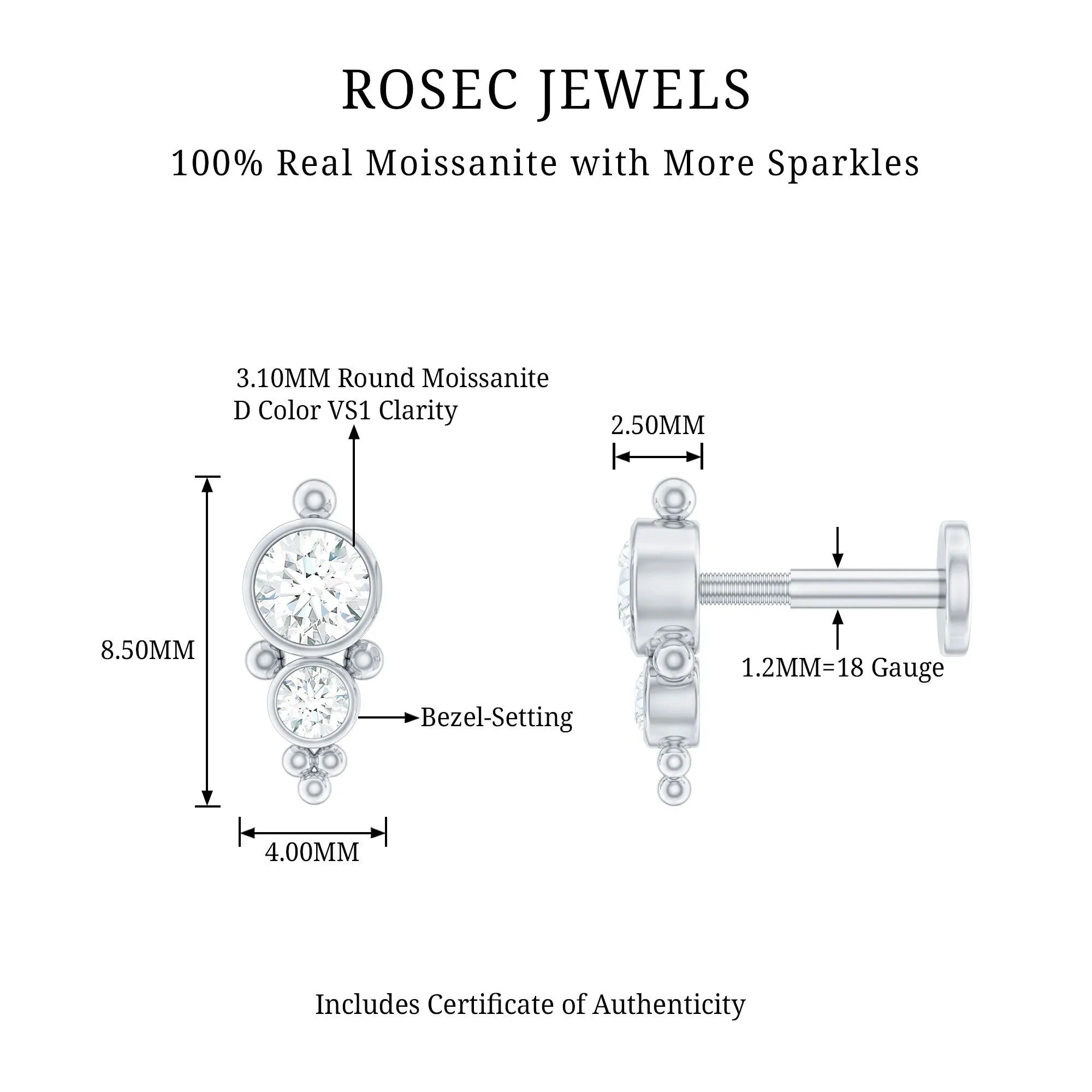 Simple Bezel Set Moissanite Two Stone Tragus Earring