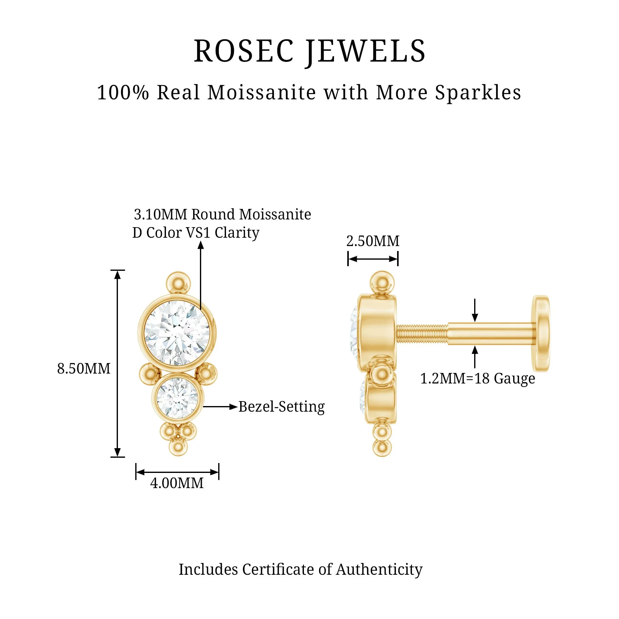 Simple Bezel Set Moissanite Two Stone Tragus Earring