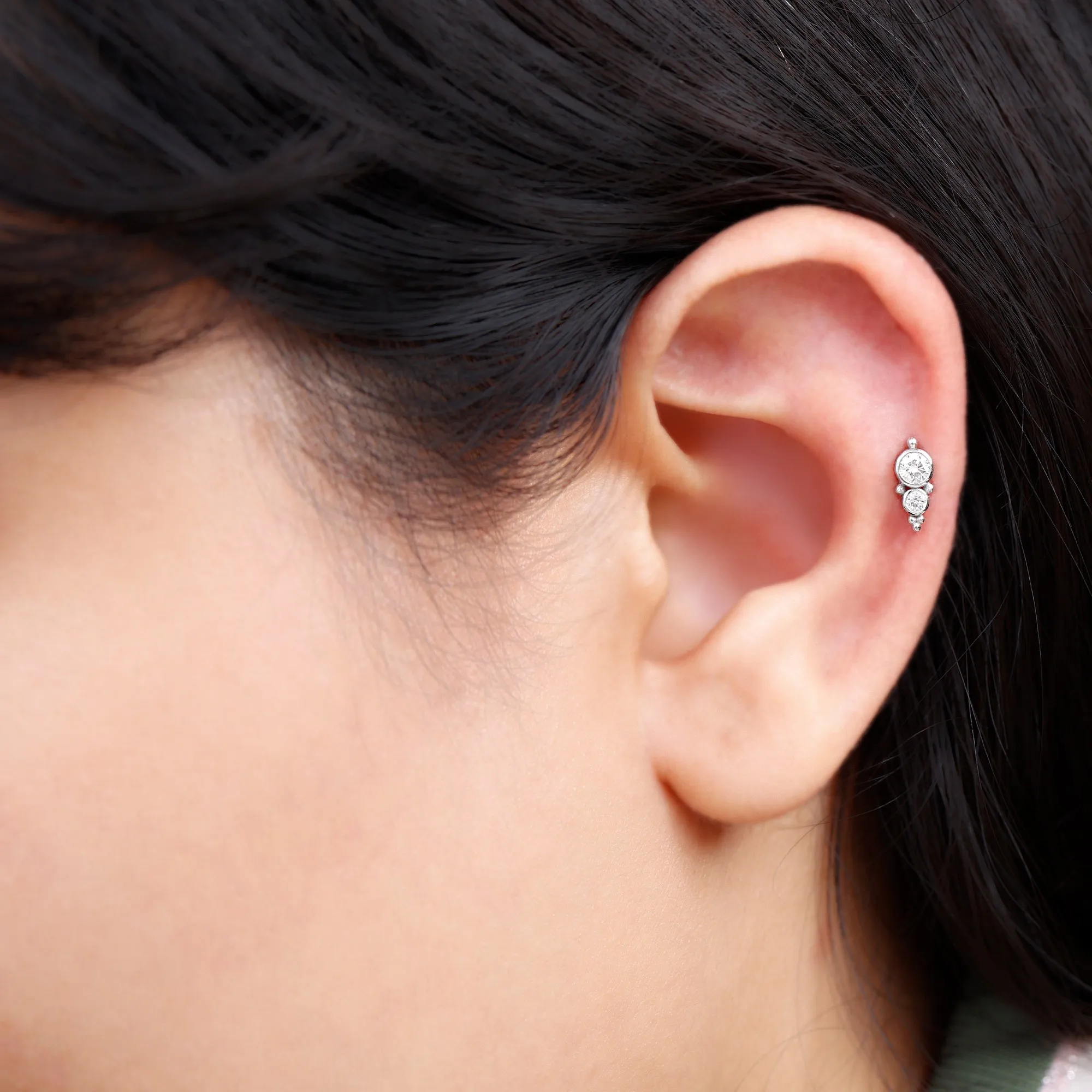 Simple Bezel Set Moissanite Two Stone Tragus Earring