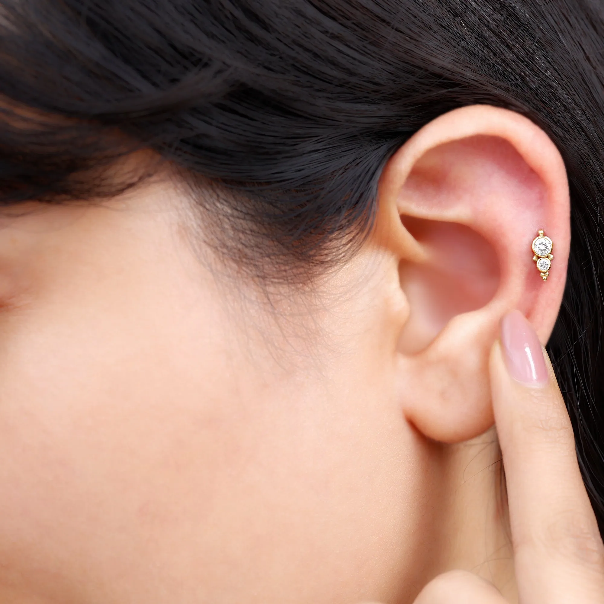 Simple Bezel Set Moissanite Two Stone Tragus Earring