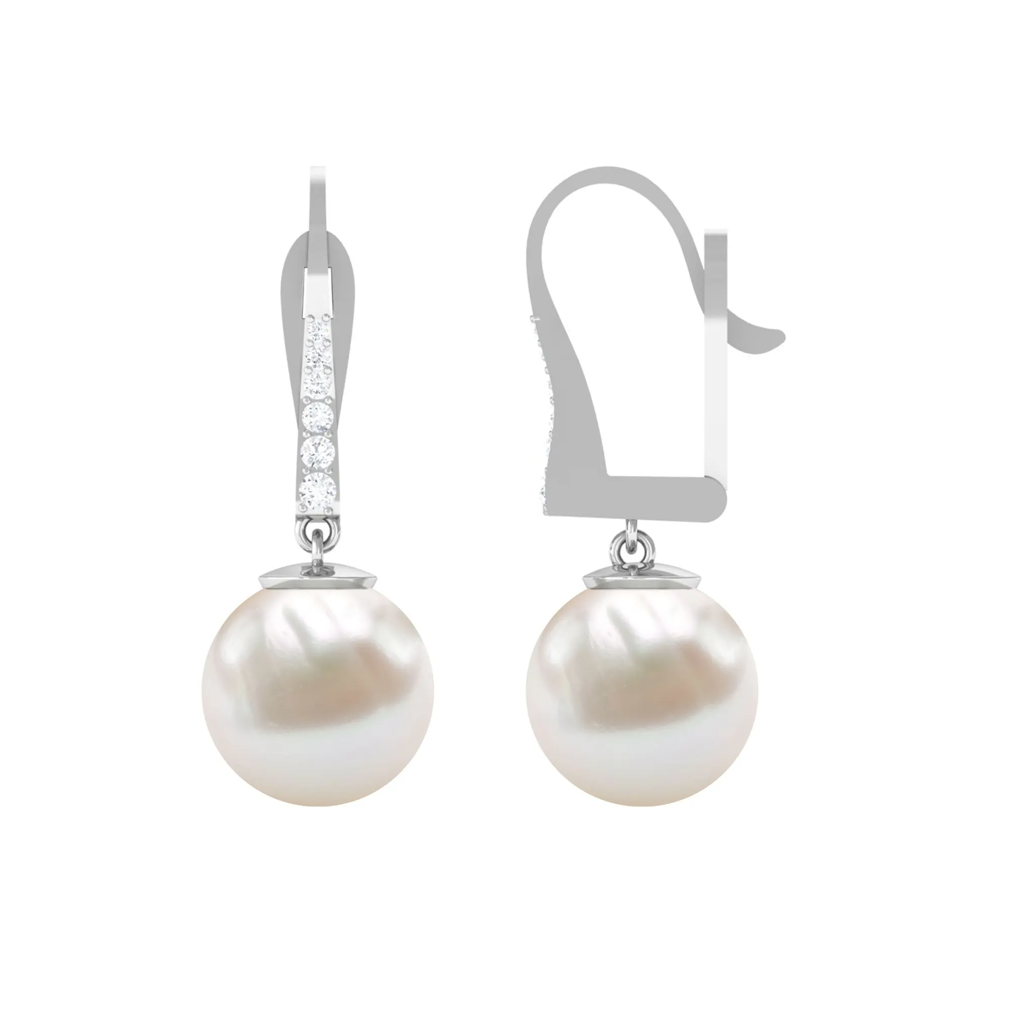 Simple Freshwater Pearl and Diamond Drop Earrings with Lever Back