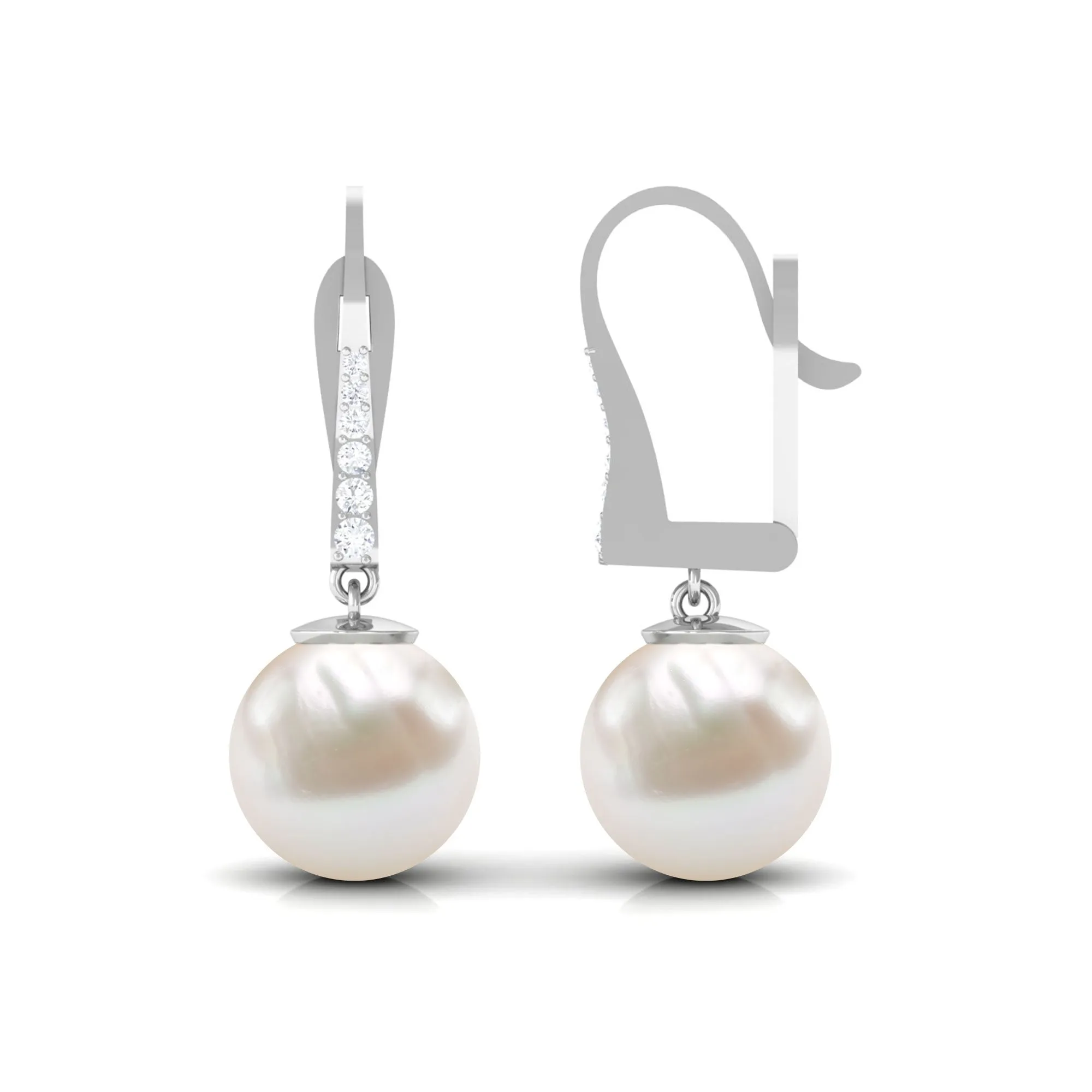 Simple Freshwater Pearl and Diamond Drop Earrings with Lever Back