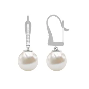 Simple Freshwater Pearl and Diamond Drop Earrings with Lever Back