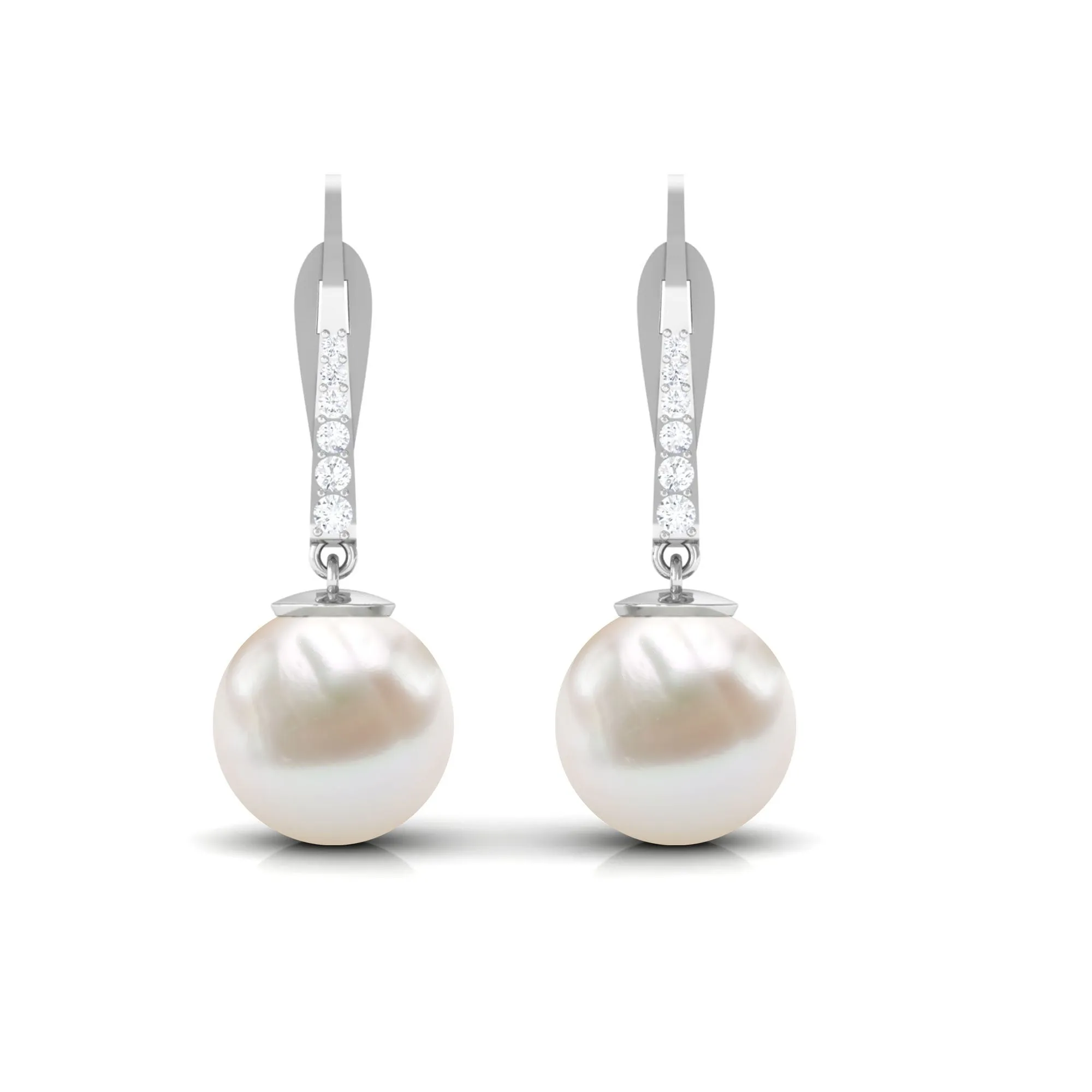 Simple Freshwater Pearl and Diamond Drop Earrings with Lever Back