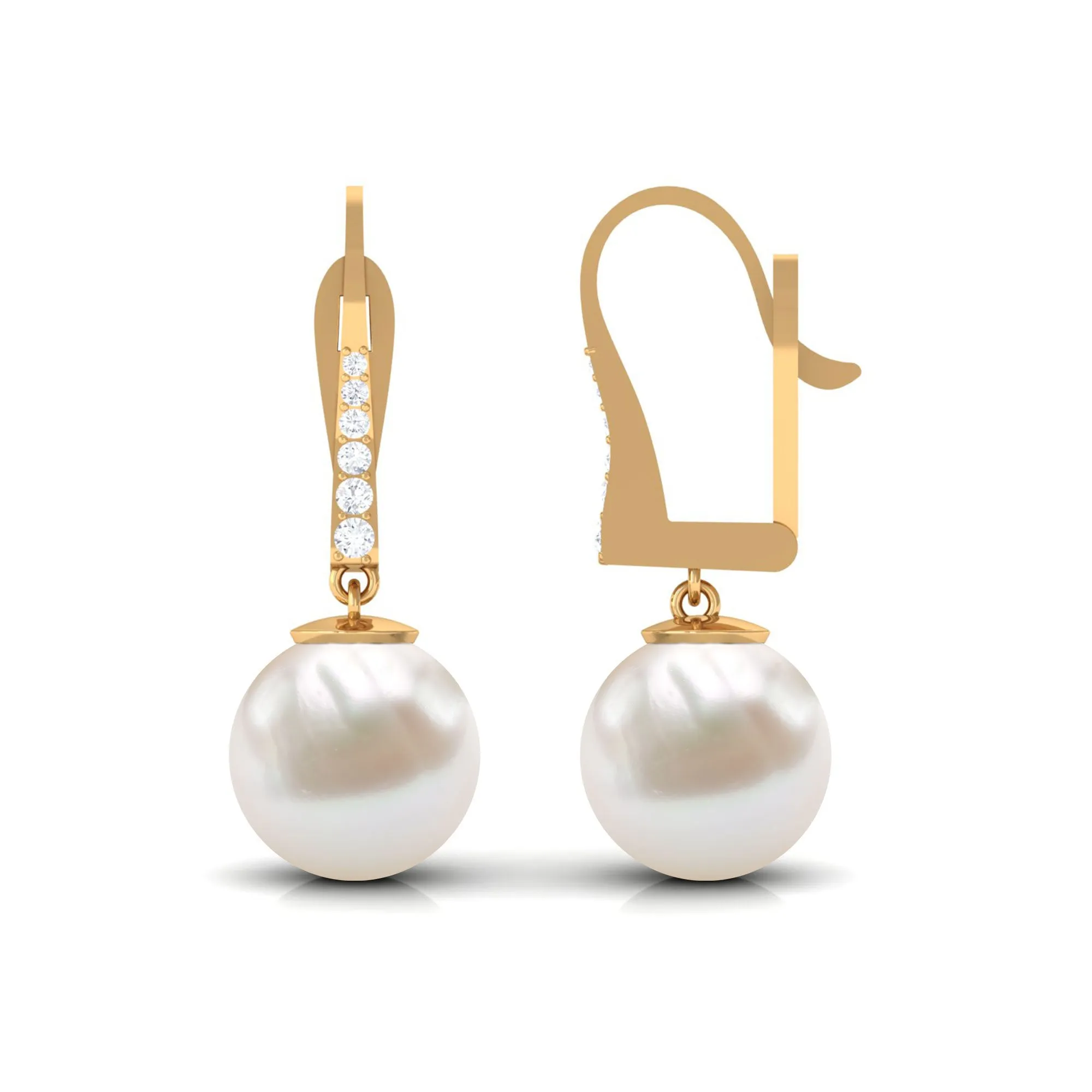 Simple Freshwater Pearl and Diamond Drop Earrings with Lever Back