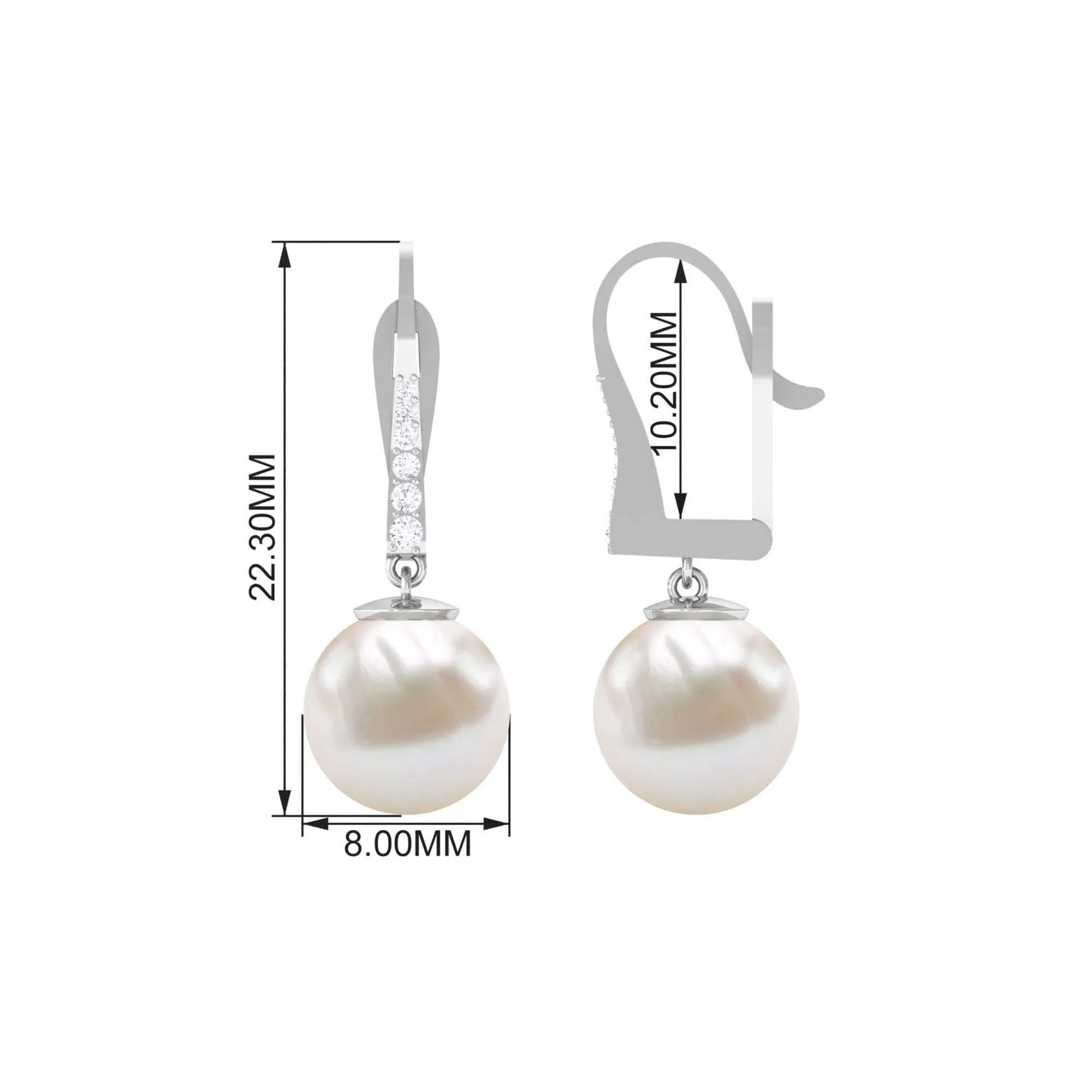 Simple Freshwater Pearl and Diamond Drop Earrings with Lever Back