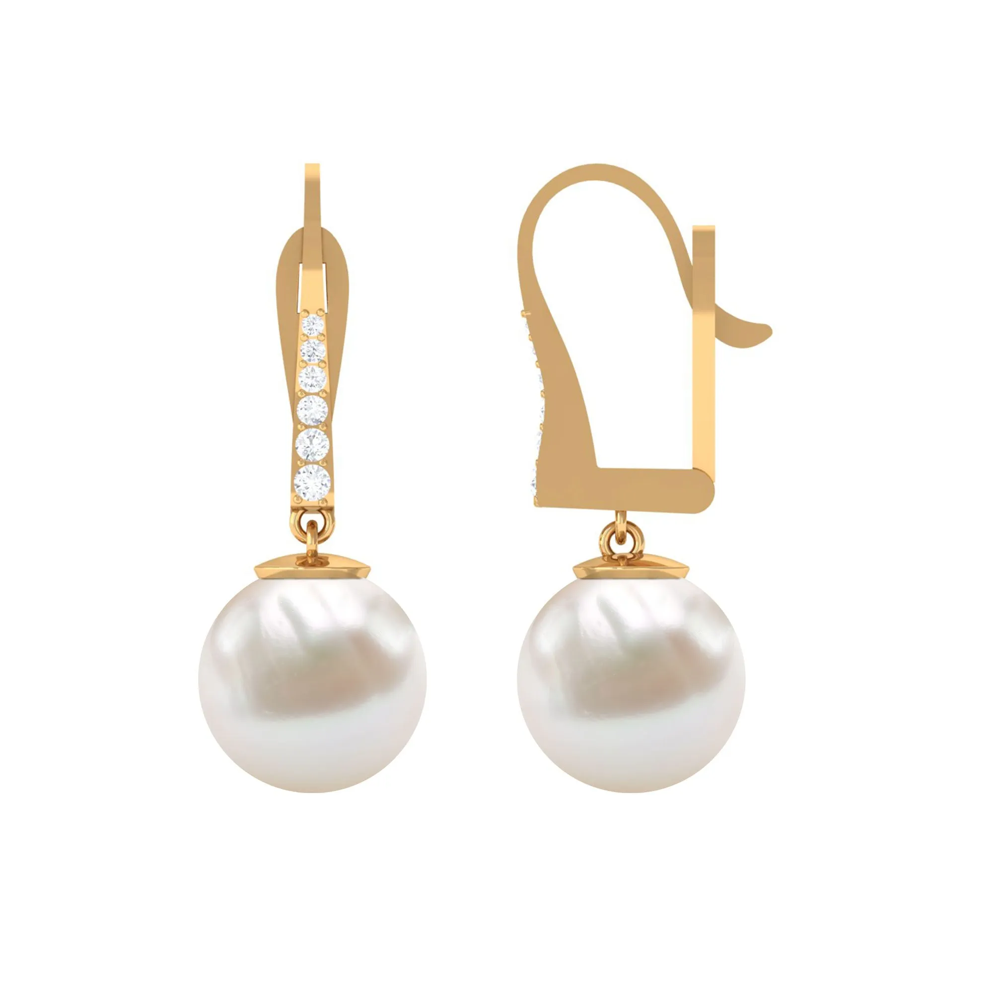 Simple Freshwater Pearl and Diamond Drop Earrings with Lever Back