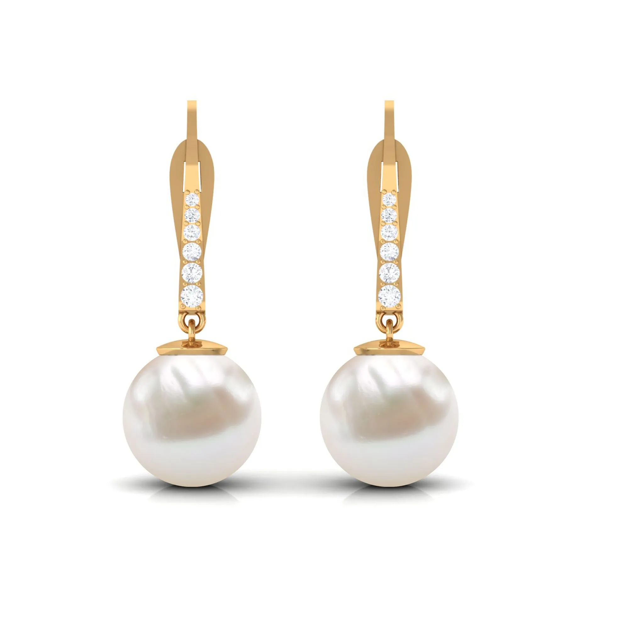 Simple Freshwater Pearl and Diamond Drop Earrings with Lever Back