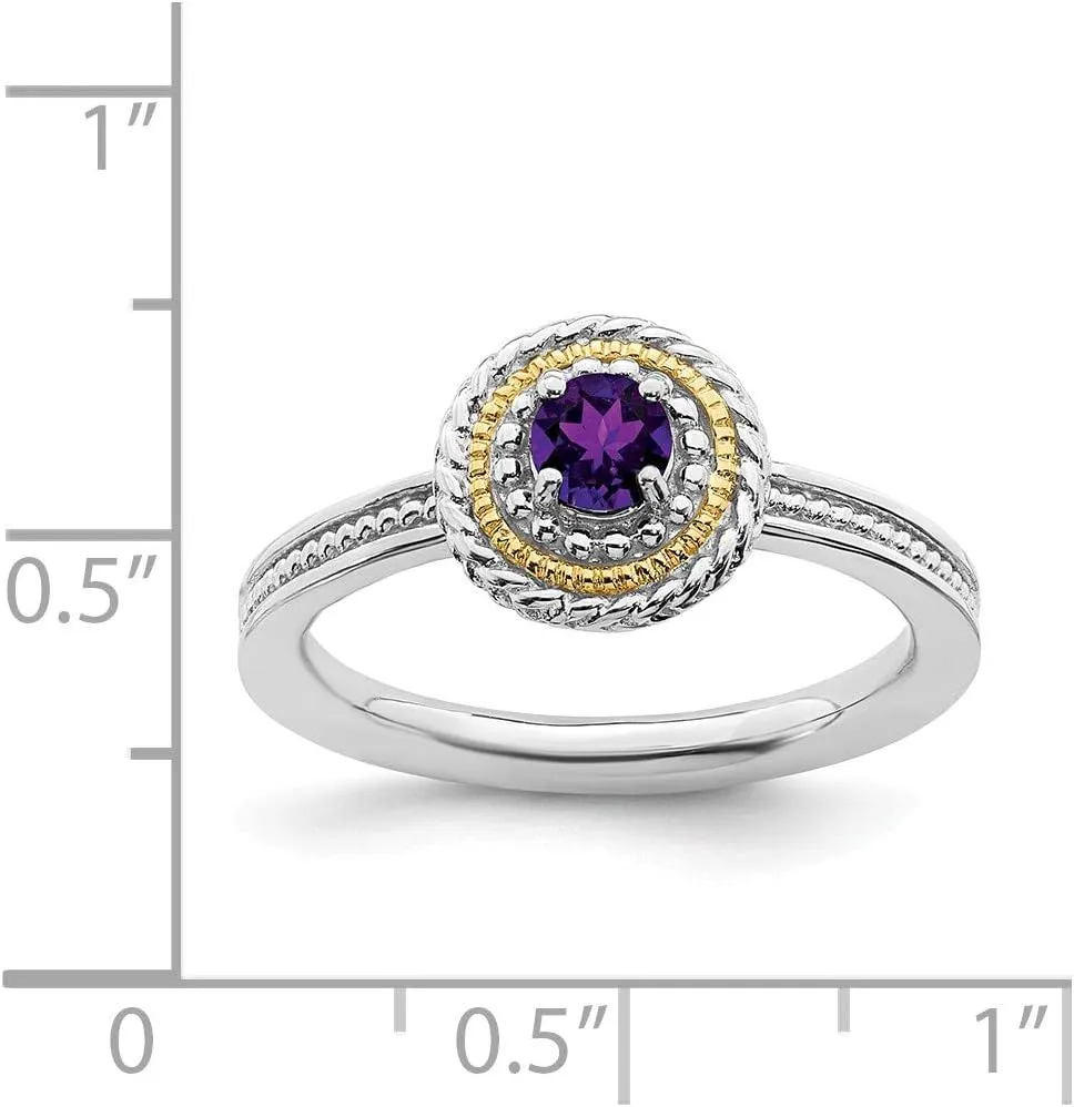 Solid 925 Sterling Silver and 14k Yellow Gold Stackable 925 Sterling Silver Amethyst Purple February Gemstone Ring Eternity Band