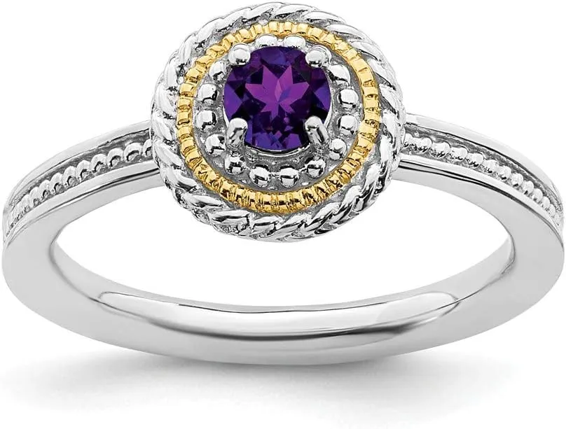 Solid 925 Sterling Silver and 14k Yellow Gold Stackable 925 Sterling Silver Amethyst Purple February Gemstone Ring Eternity Band