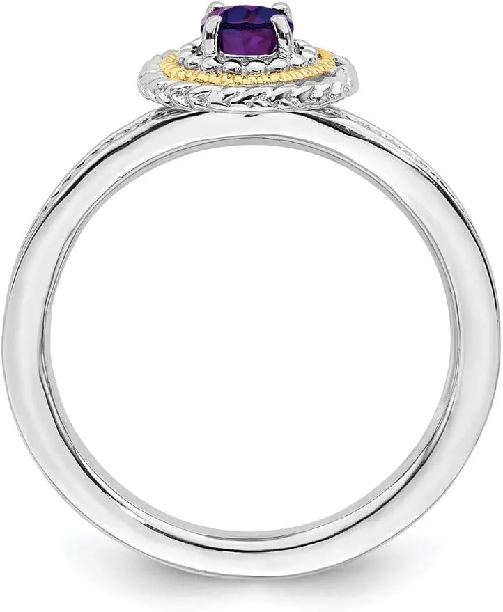 Solid 925 Sterling Silver and 14k Yellow Gold Stackable 925 Sterling Silver Amethyst Purple February Gemstone Ring Eternity Band