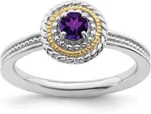 Solid 925 Sterling Silver and 14k Yellow Gold Stackable 925 Sterling Silver Amethyst Purple February Gemstone Ring Eternity Band
