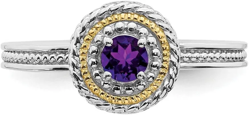 Solid 925 Sterling Silver and 14k Yellow Gold Stackable 925 Sterling Silver Amethyst Purple February Gemstone Ring Eternity Band
