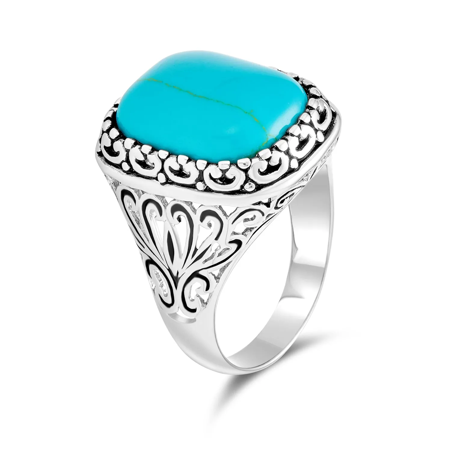 Southwest Boho Silver Ring with Blue Turquoise Gemstone and Filigree Scroll Band