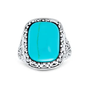 Southwest Boho Silver Ring with Blue Turquoise Gemstone and Filigree Scroll Band