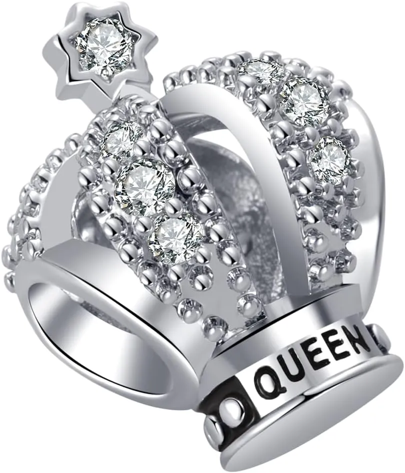 Sparkling Queen Crown Charm Compatible Pandora Charm Bracelet Women Love Wife Mom Girlfriend Couple Clear CZ Anniversary Birthday