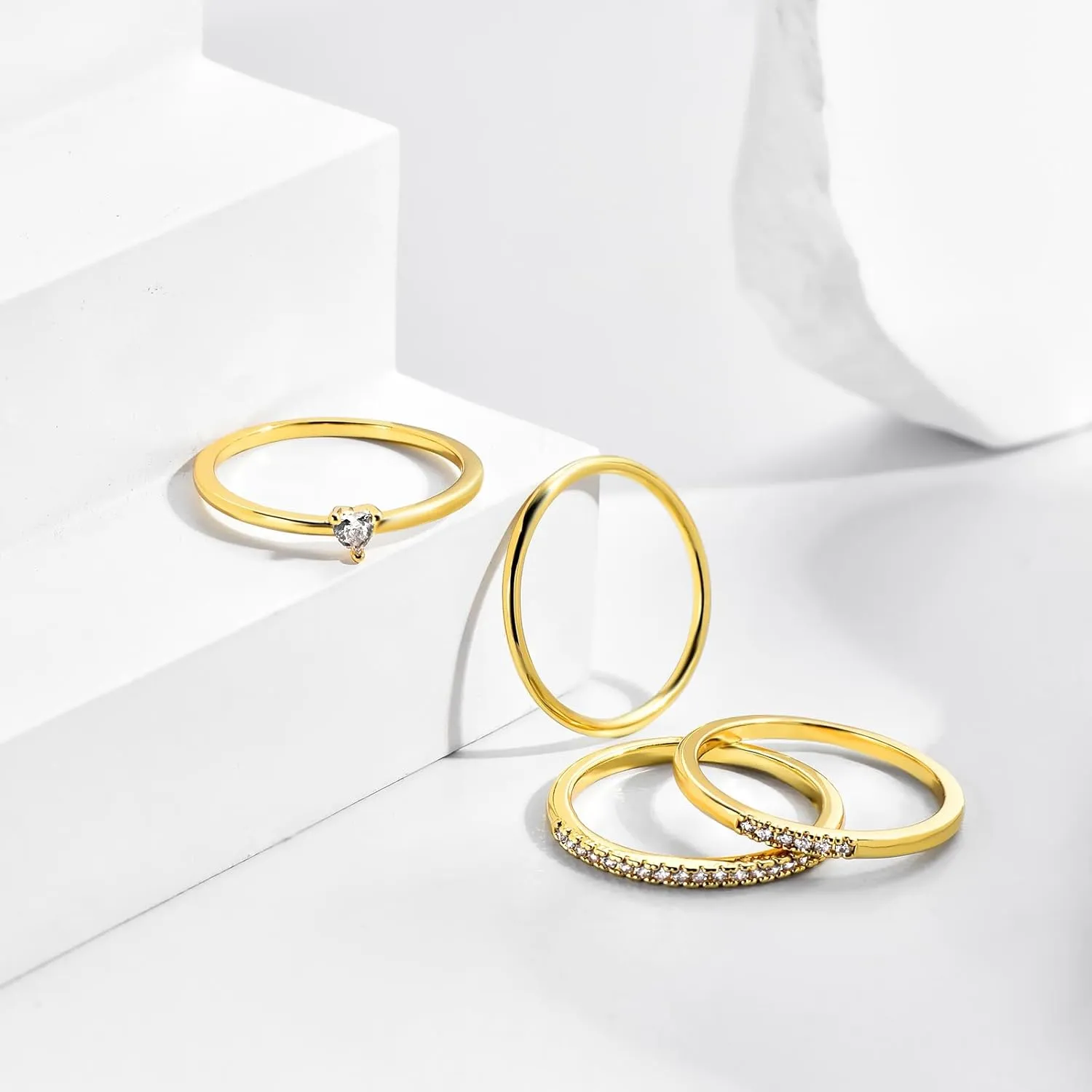Stackable Gold Rings for Women Non Tarnish Dainty 14K Gold Plated 3/4PCS Cubic Zirconia Ring Set Thumb Rings Trendy Statement Promise Wedding Bands Engagement Rings Size 6 7 8 9 10