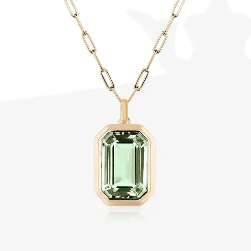 Stainless Steel 18K Gold IP Solitaire Green Cubic Zirconia Paper Clip Pendant Necklace 18 inch with 2inch extender