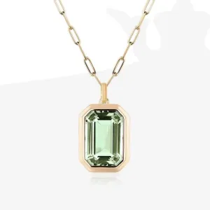Stainless Steel 18K Gold IP Solitaire Green Cubic Zirconia Paper Clip Pendant Necklace 18 inch with 2inch extender