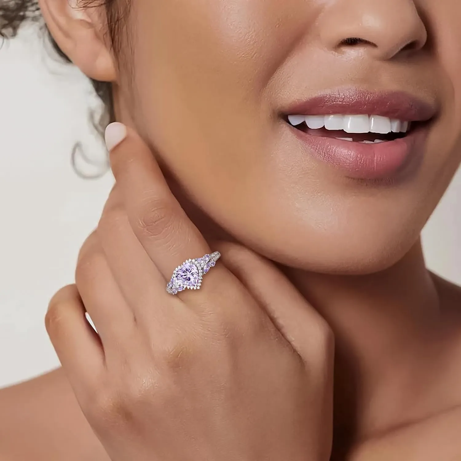 Sterling Silver Butterfly Birthstone Rings for Women, 3 Carat Created Gemstone Diamond Heart/Pear Engagement Halo Ring, Promise Rings for Her, Wedding Anniversary Jewerly Size 6 to 10