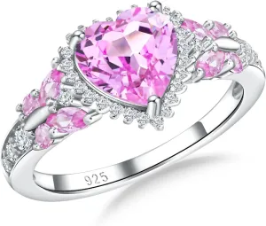 Sterling Silver Butterfly Birthstone Rings for Women, 3 Carat Created Gemstone Diamond Heart/Pear Engagement Halo Ring, Promise Rings for Her, Wedding Anniversary Jewerly Size 6 to 10