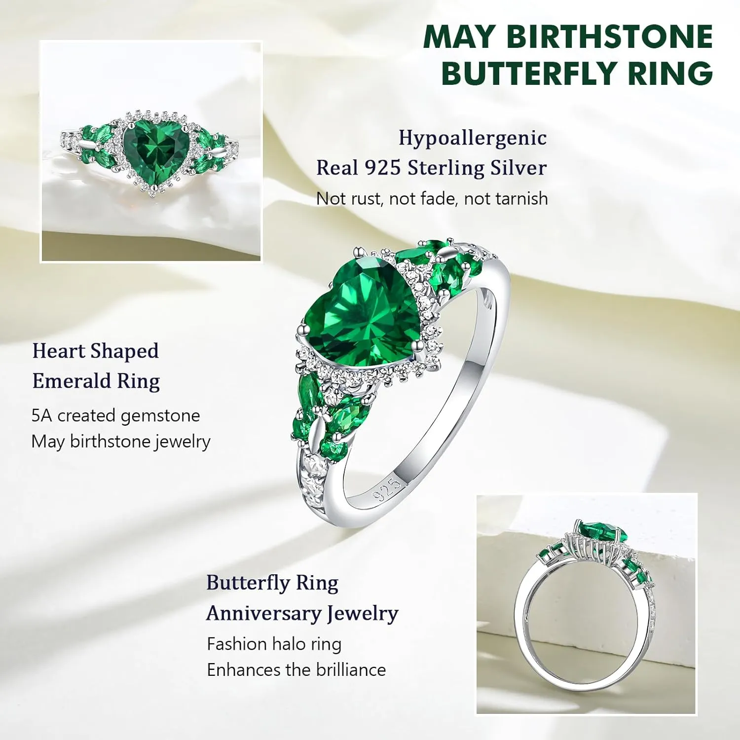 Sterling Silver Butterfly Birthstone Rings for Women, 3 Carat Created Gemstone Diamond Heart/Pear Engagement Halo Ring, Promise Rings for Her, Wedding Anniversary Jewerly Size 6 to 10