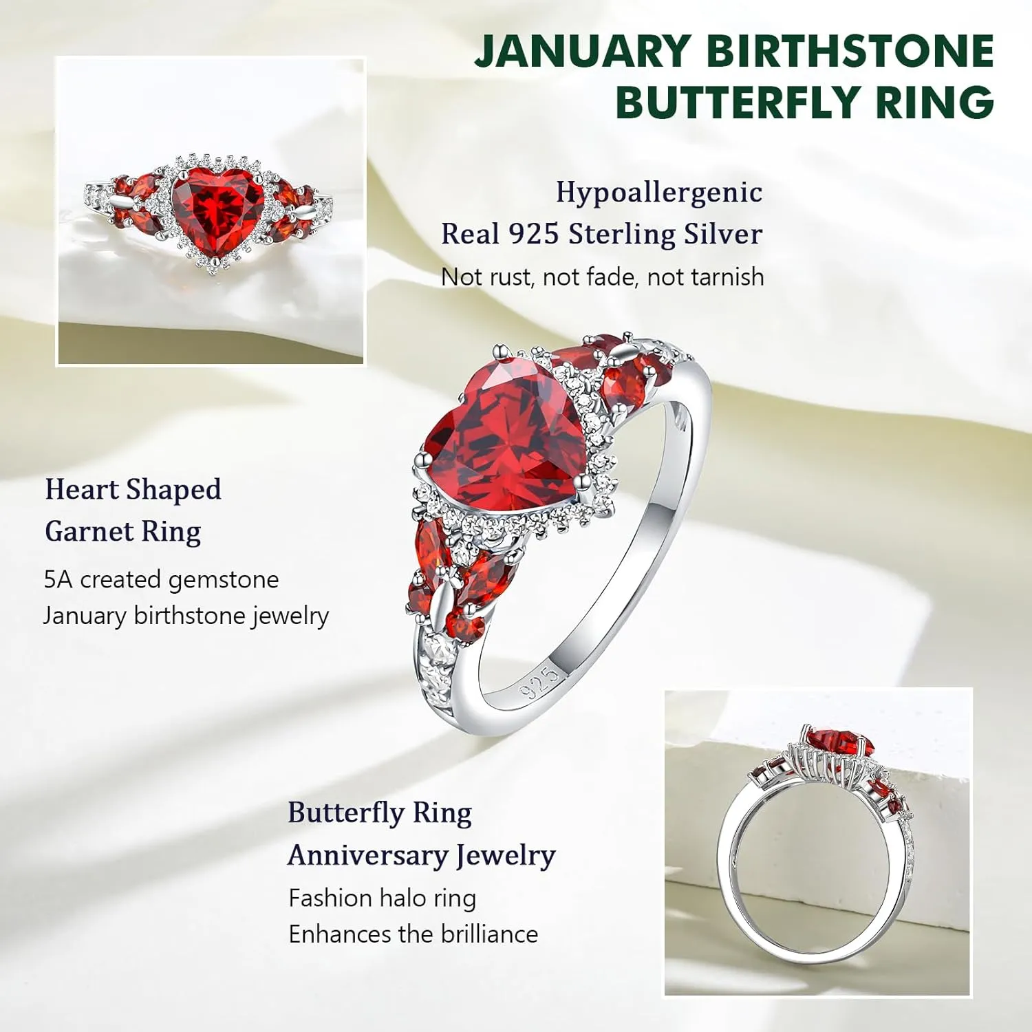 Sterling Silver Butterfly Birthstone Rings for Women, 3 Carat Created Gemstone Diamond Heart/Pear Engagement Halo Ring, Promise Rings for Her, Wedding Anniversary Jewerly Size 6 to 10