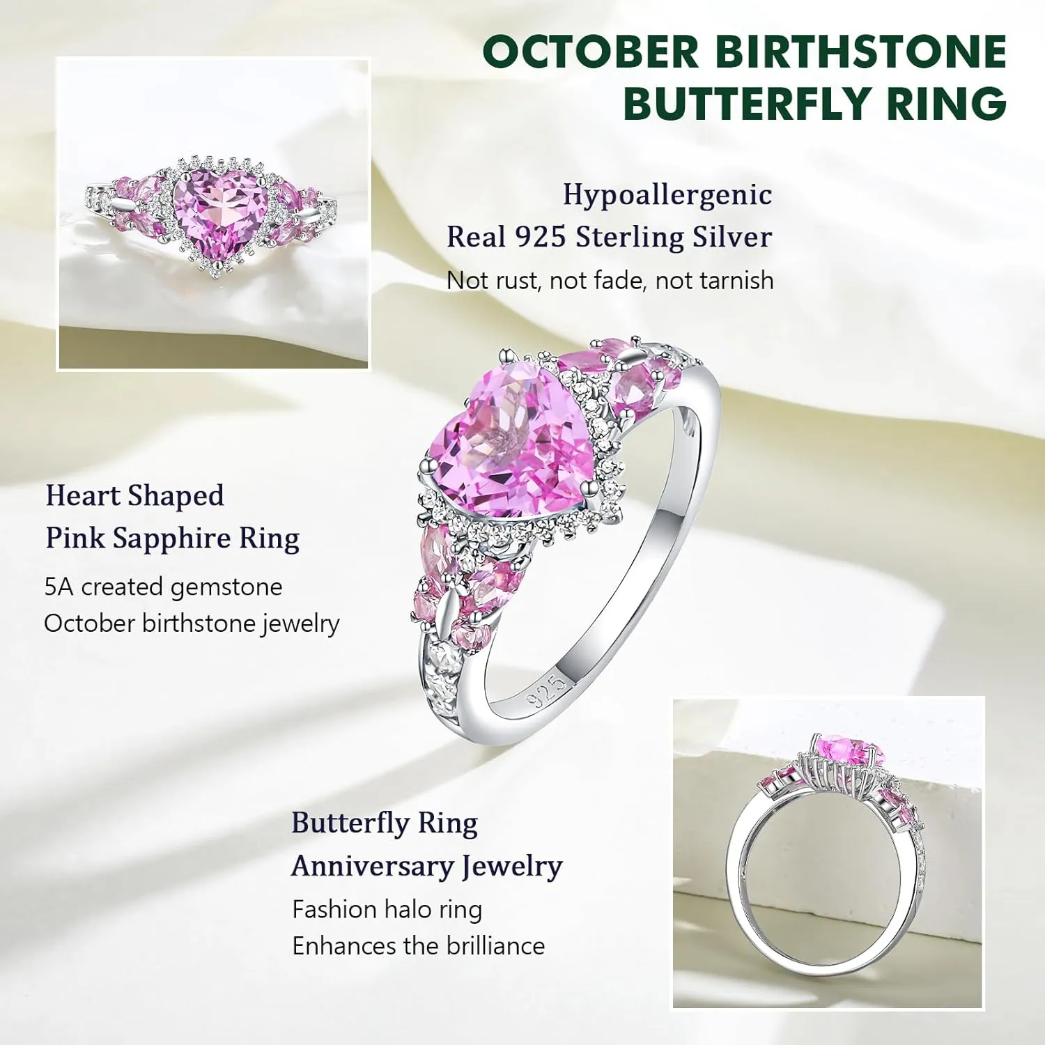 Sterling Silver Butterfly Birthstone Rings for Women, 3 Carat Created Gemstone Diamond Heart/Pear Engagement Halo Ring, Promise Rings for Her, Wedding Anniversary Jewerly Size 6 to 10