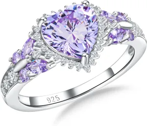 Sterling Silver Butterfly Birthstone Rings for Women, 3 Carat Created Gemstone Diamond Heart/Pear Engagement Halo Ring, Promise Rings for Her, Wedding Anniversary Jewerly Size 6 to 10