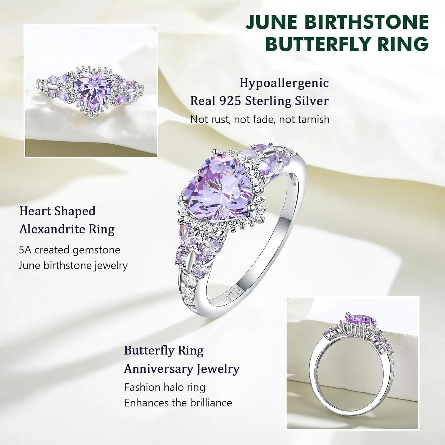 Sterling Silver Butterfly Birthstone Rings for Women, 3 Carat Created Gemstone Diamond Heart/Pear Engagement Halo Ring, Promise Rings for Her, Wedding Anniversary Jewerly Size 6 to 10