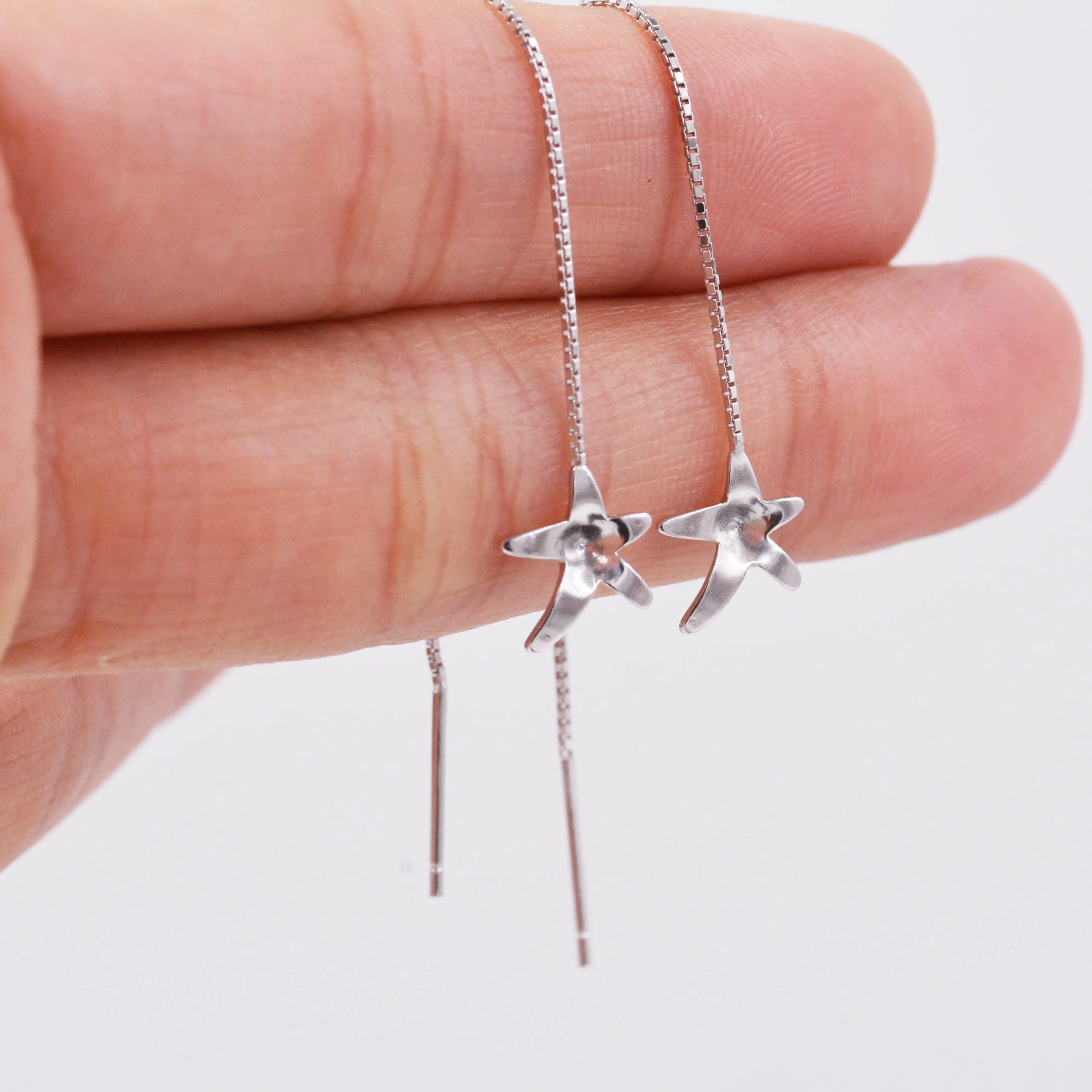 Sterling Silver Forget-me-not Flower Star Blossom Wire Ear Threader Drop Dangling Earrings  - Nature Inspired Whimsical Design C63