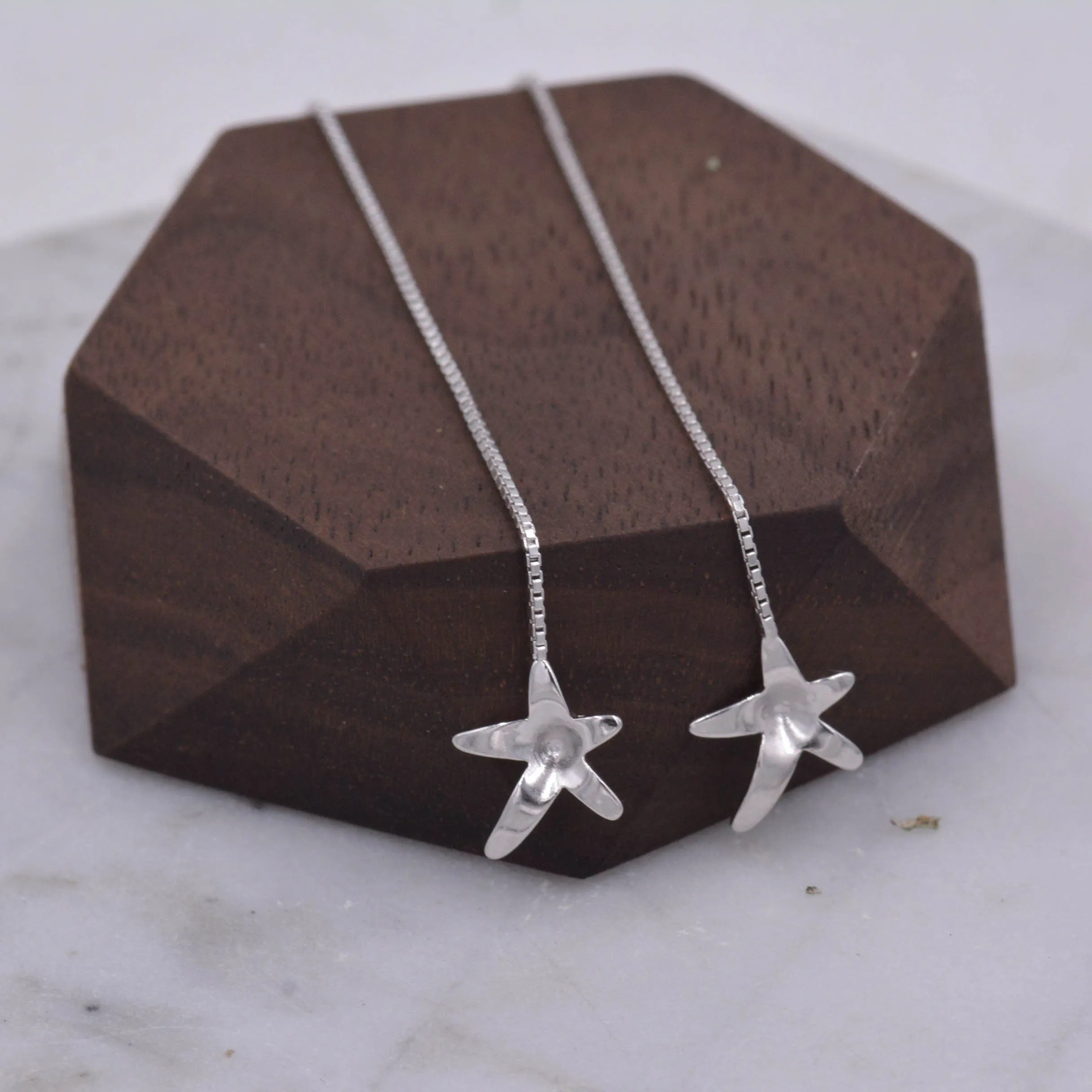 Sterling Silver Forget-me-not Flower Star Blossom Wire Ear Threader Drop Dangling Earrings  - Nature Inspired Whimsical Design C63