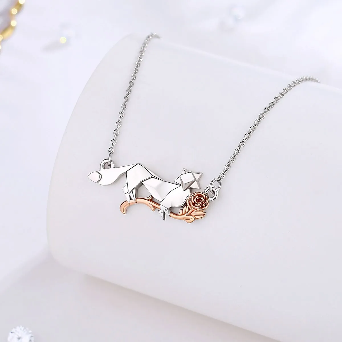 Sterling Silver Fox And Roses Necklace Pendant Animal Fashion Jewelry for Mothers Gift