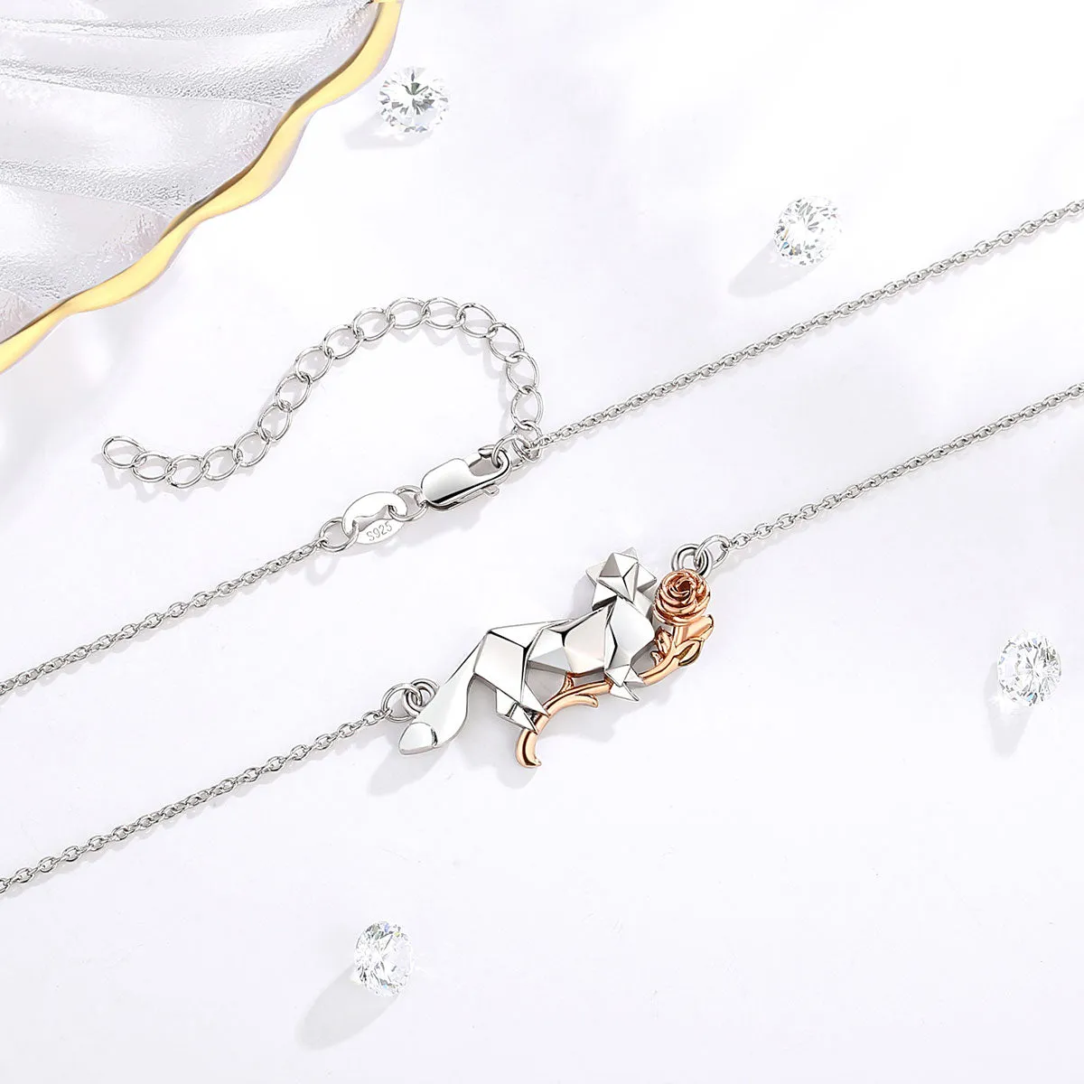 Sterling Silver Fox And Roses Necklace Pendant Animal Fashion Jewelry for Mothers Gift