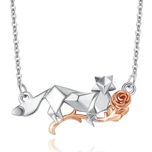 Sterling Silver Fox And Roses Necklace Pendant Animal Fashion Jewelry for Mothers Gift