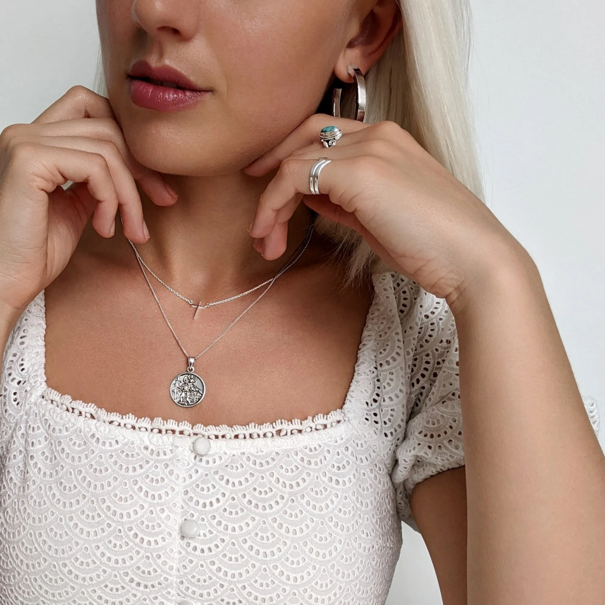 Sterling Silver Large St Christopher Medallion Necklace - Round Saint Pendant