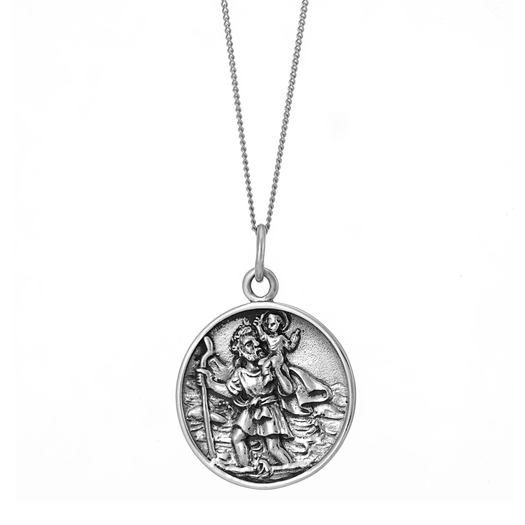 Sterling Silver Large St Christopher Medallion Necklace - Round Saint Pendant