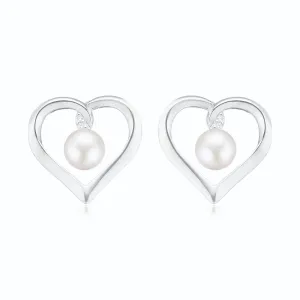 Sterling Silver with Round Brilliant Cut 6.5mm Fresh Water Pearls & Cubic Zirconia Heart Studs Earrings