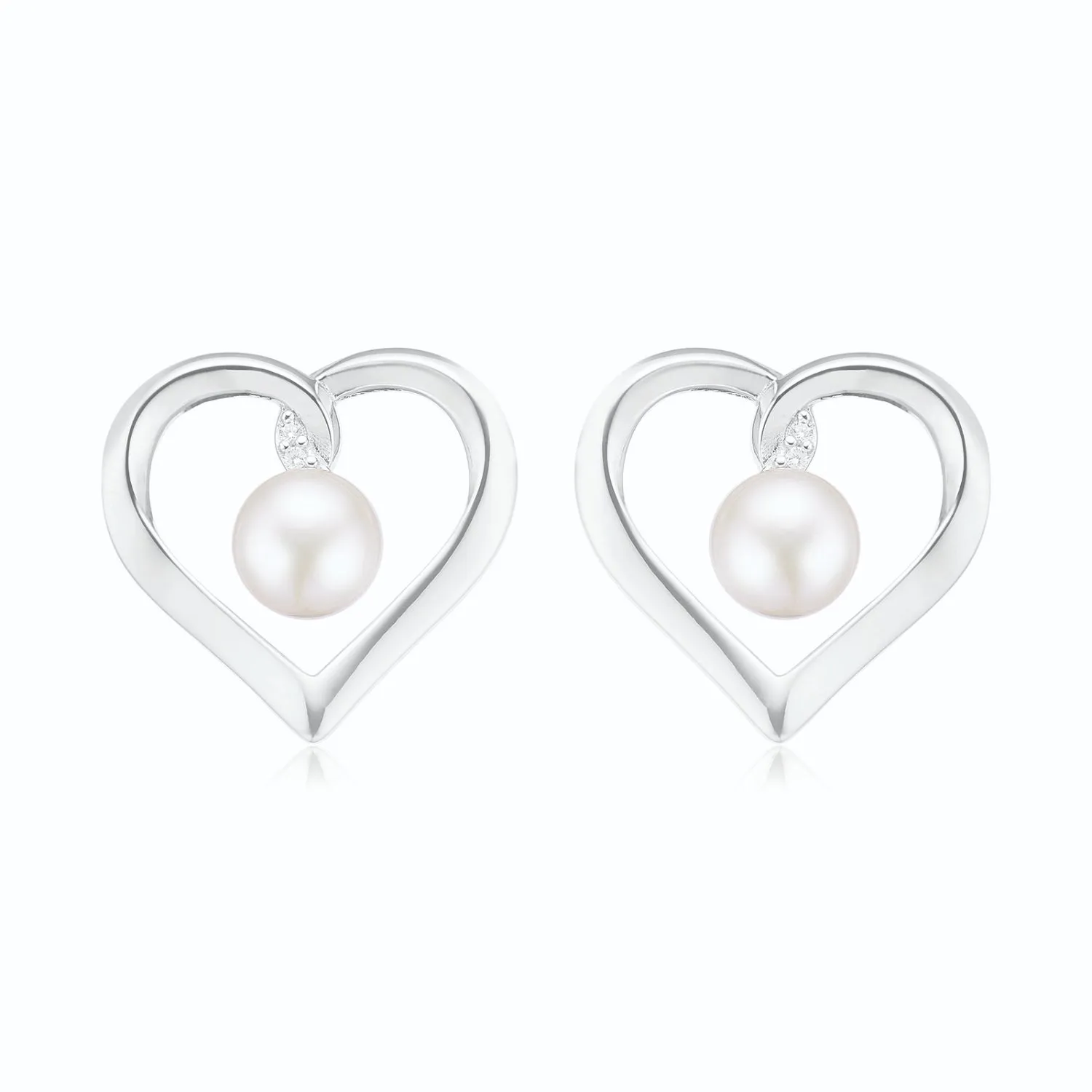 Sterling Silver with Round Brilliant Cut 6.5mm Fresh Water Pearls & Cubic Zirconia Heart Studs Earrings