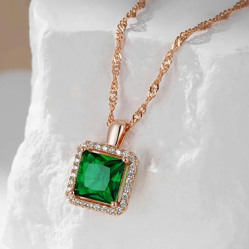 Superb Square Green 14K Rolled Rose Gold AAA Zircon Crystal Necklace For Women - Luxury Crystal Jewellery