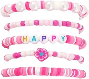 tenghong2021 5 PCS urfer Bead Elastic Bracelets for Women Preppy Heishi Clay Flower Simulated Pearls Letter Bead Bracelet Summer Beach Stackable Stretch Bracelets for Women Friends Jewelry