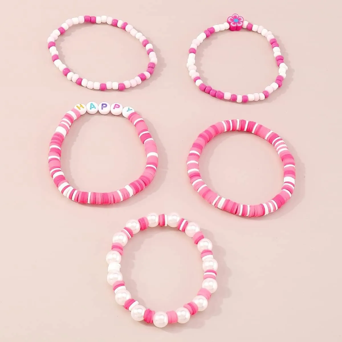 tenghong2021 5 PCS urfer Bead Elastic Bracelets for Women Preppy Heishi Clay Flower Simulated Pearls Letter Bead Bracelet Summer Beach Stackable Stretch Bracelets for Women Friends Jewelry