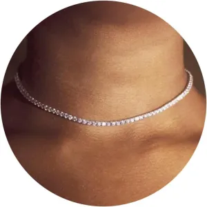 Tennis Necklaces for Women Simulated Diamond Chain Dainty Choker Sparkly Silver Plated