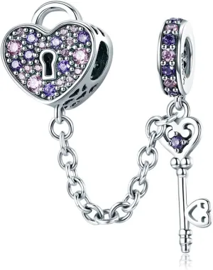 The Key of Heart Safety Chain Charm for Bracelet, 100% Genuine 925 Sterling Silver Charm Fits for Pandora Bracelet