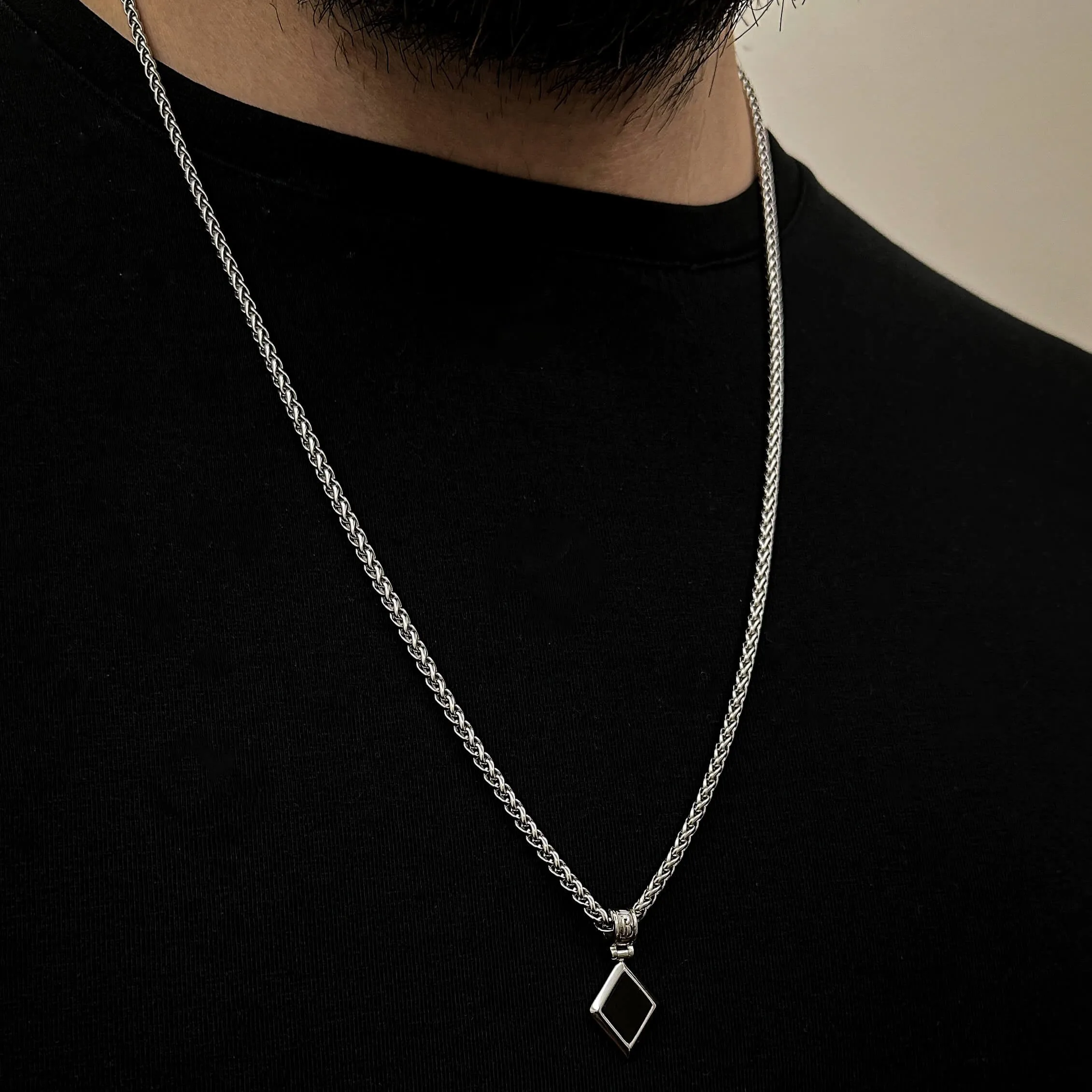 The Silver Plated Cuban Chain and Natural Onyx Necklace