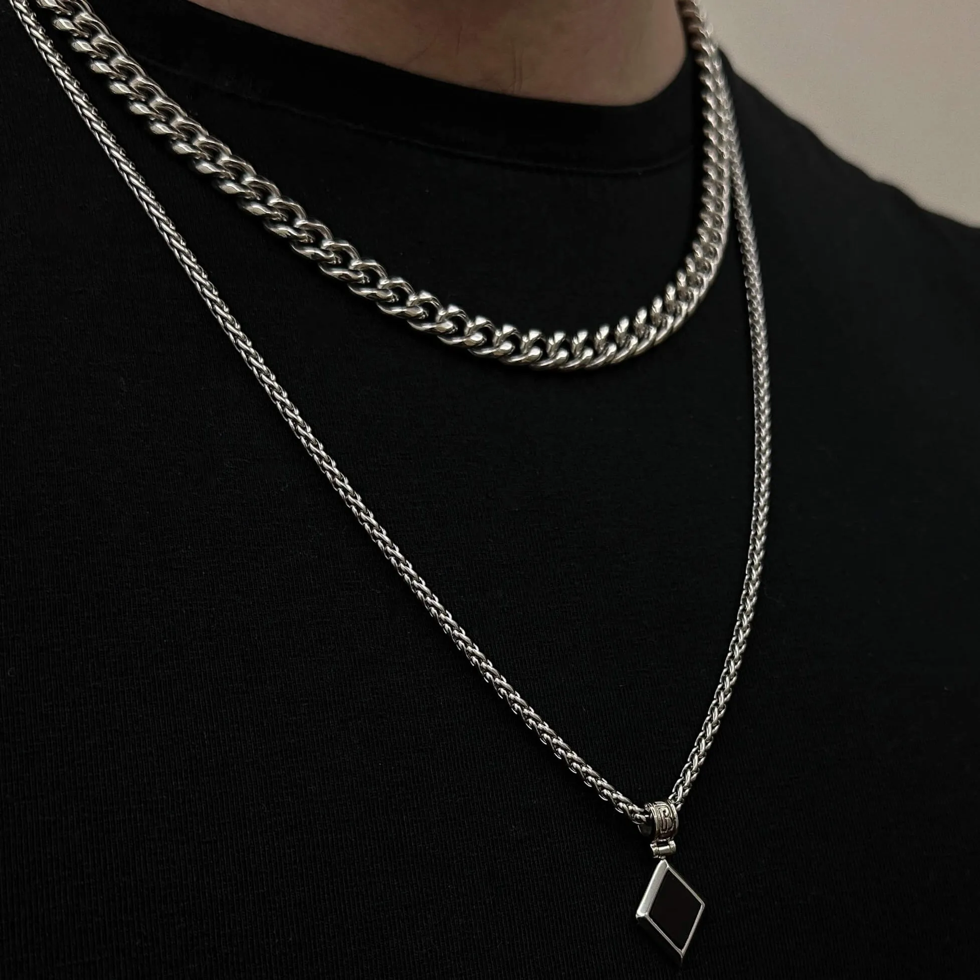 The Silver Plated Cuban Chain and Natural Onyx Necklace