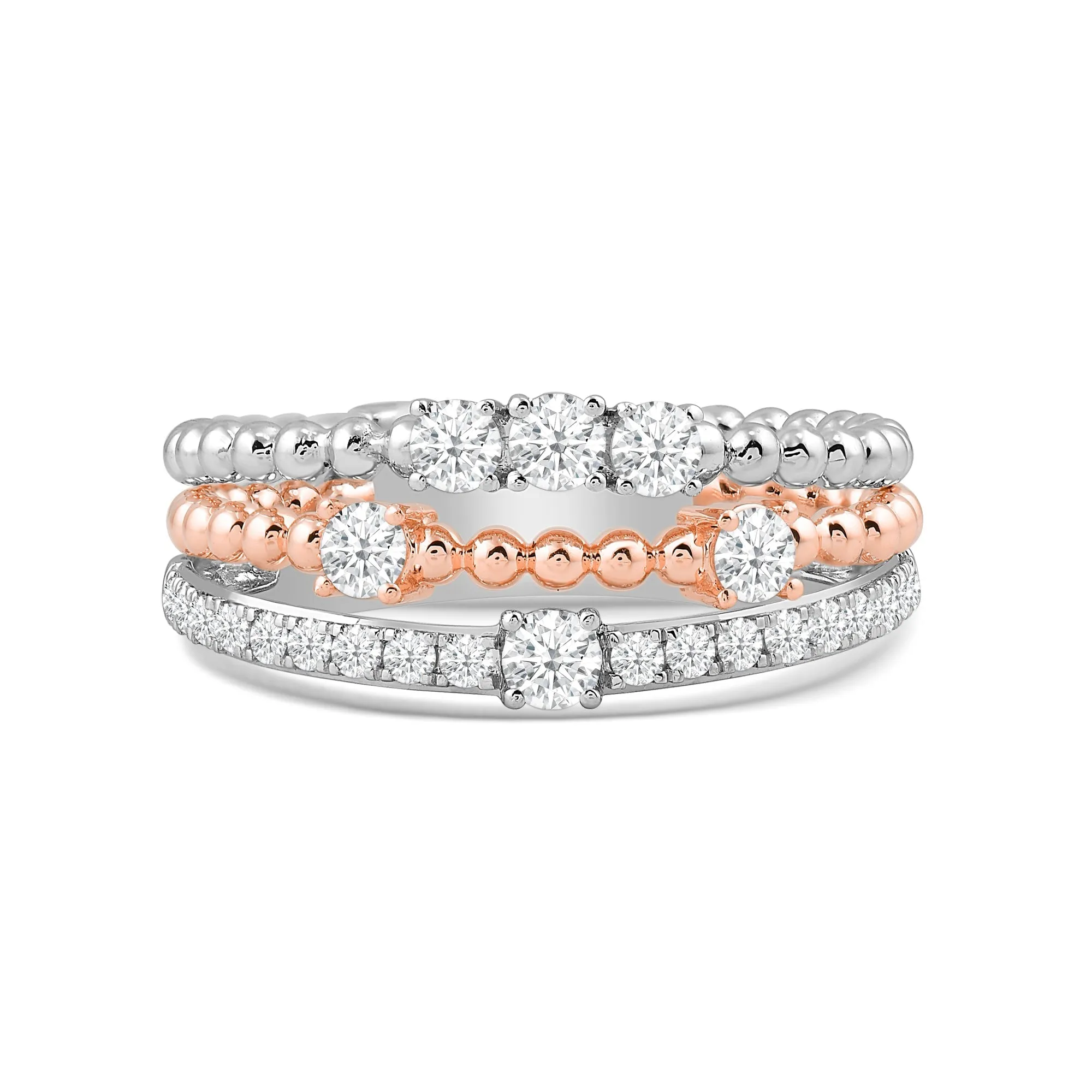 Three Row Beads and Diamonds Ring